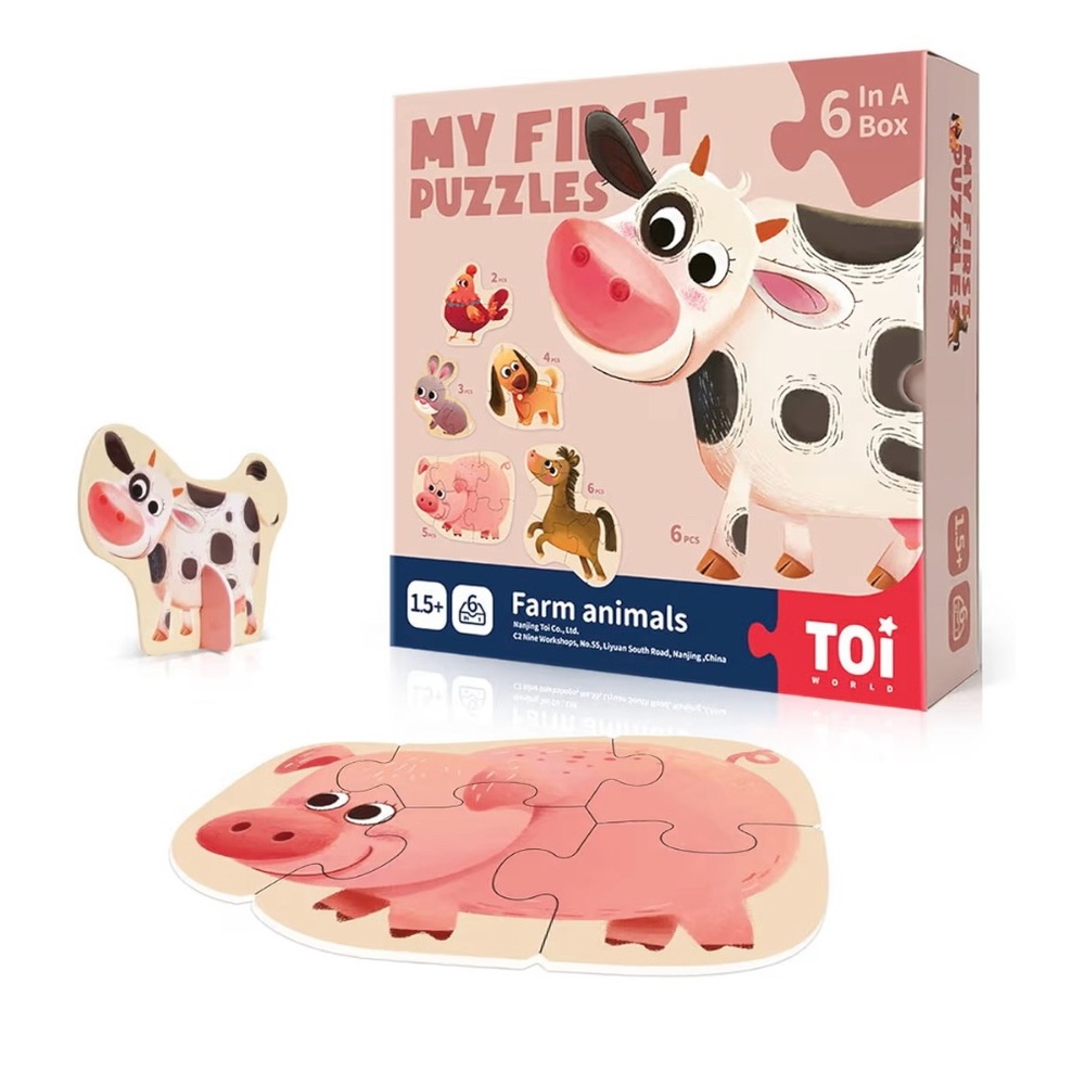 TOI Farm Animals Wooden Toddler Puzzle Set - Pink & White